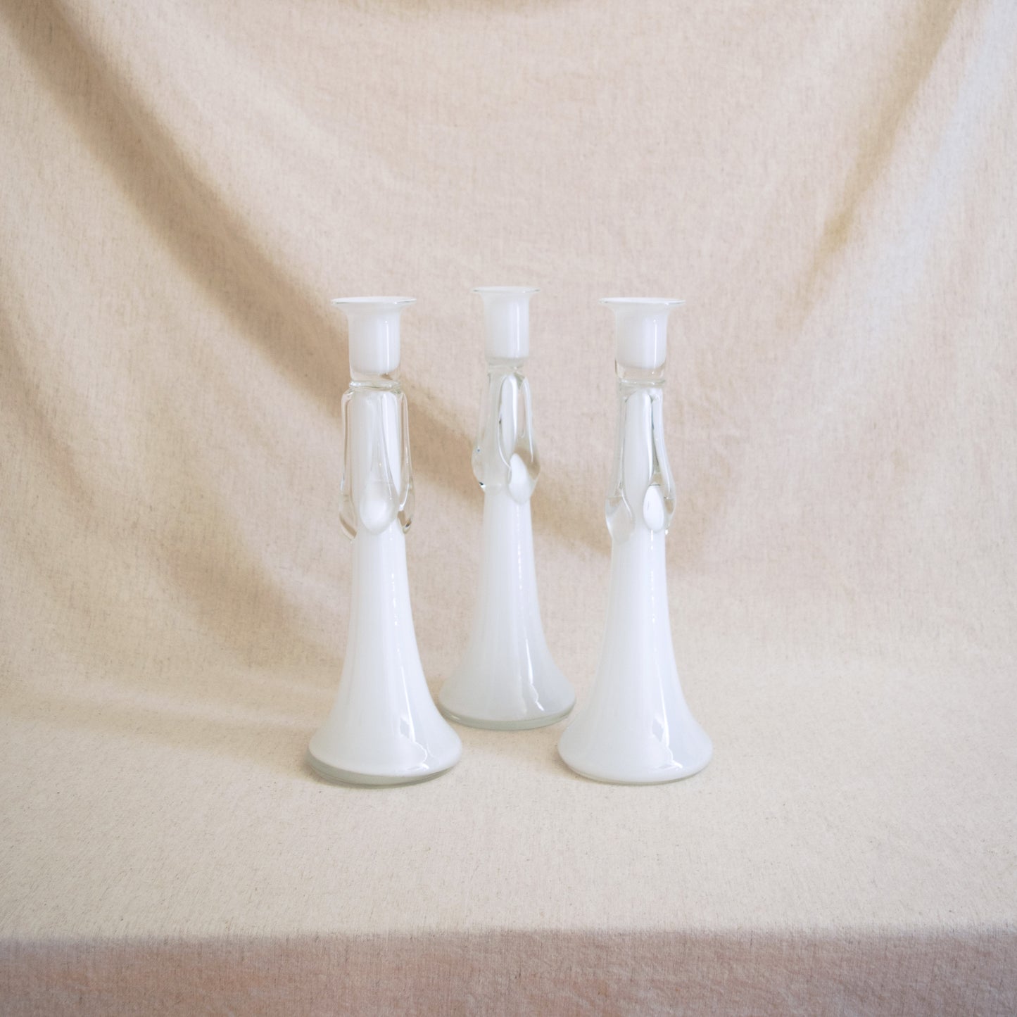 White Polish Art Glass Candlesticks