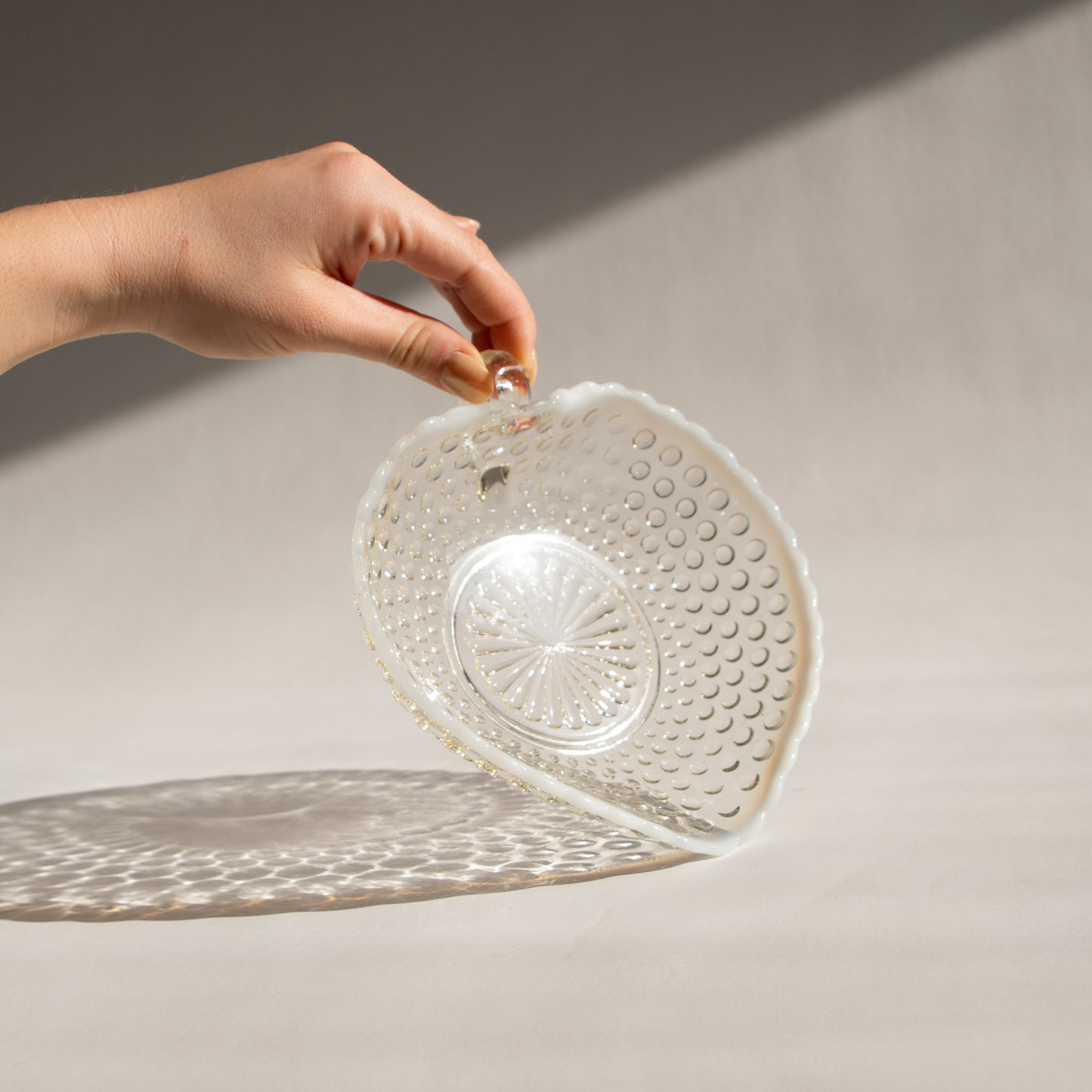 Heart-Shaped Opalescent Hobnail Glass Dish