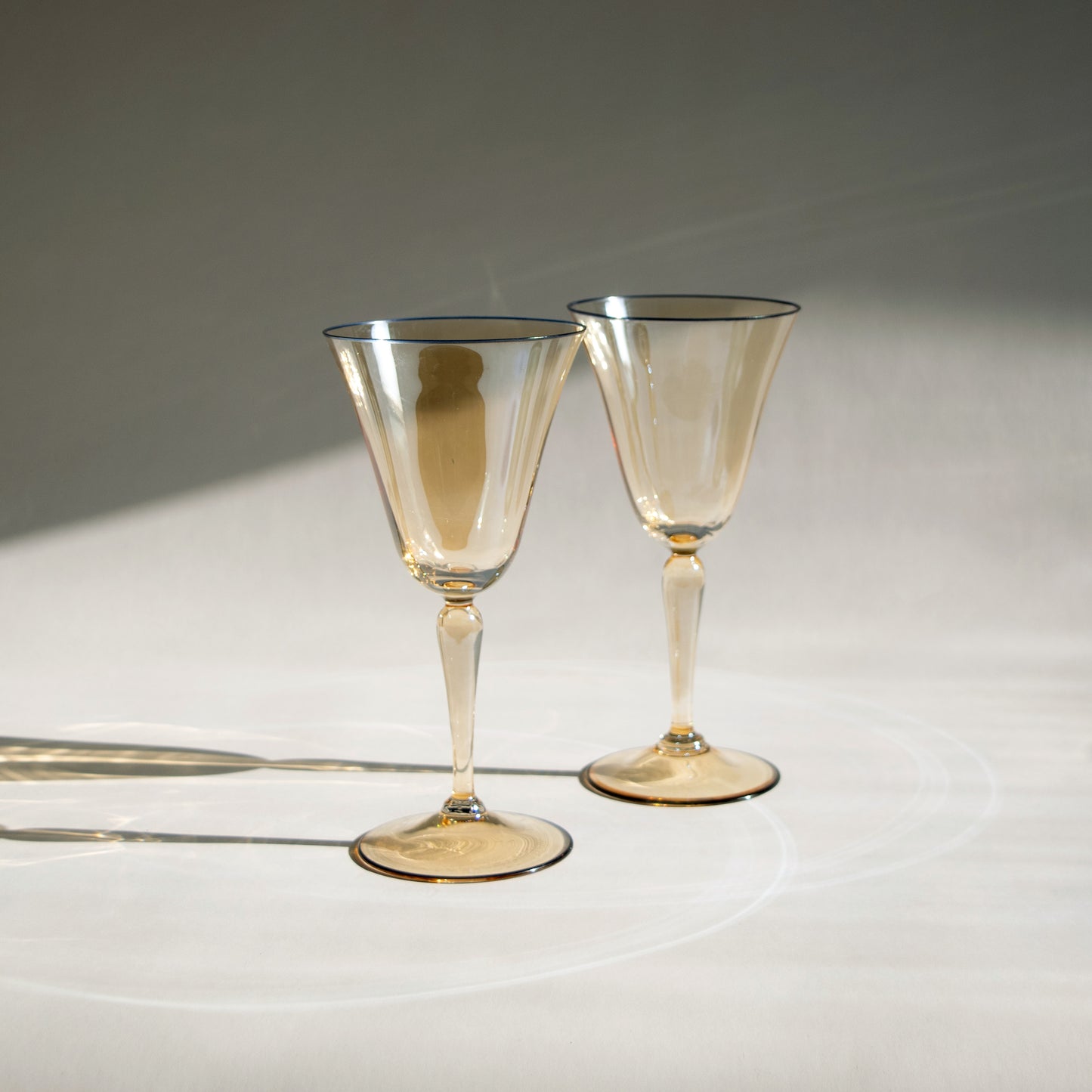 Amber Iridescent Wine Glasses with Blue Trim
