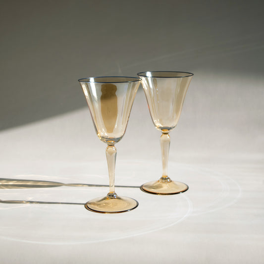Amber Iridescent Wine Glasses with Blue Trim
