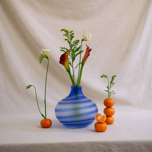 Blue Spiral Frosted Polish Art Glass Vase