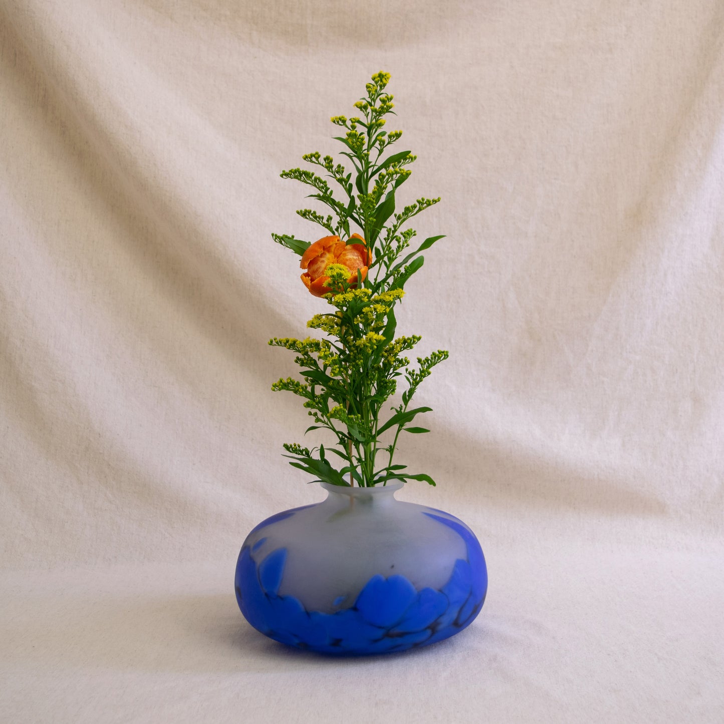 Wide Blue Frosted Polish Art Glass Vase