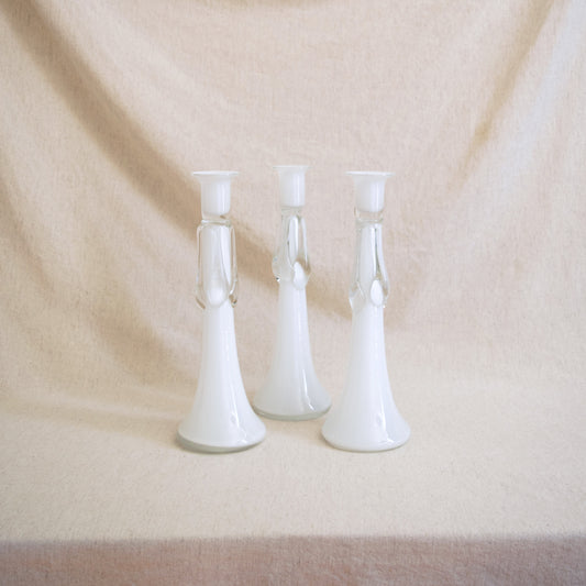 White Polish Art Glass Candlesticks