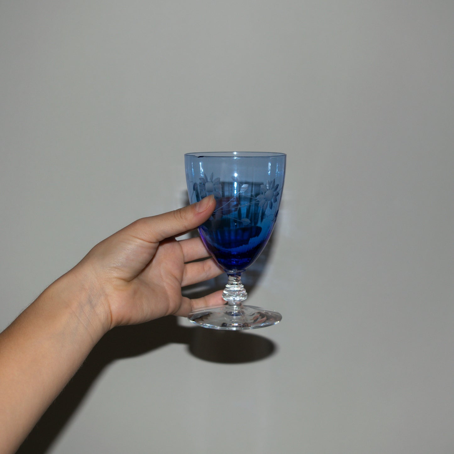 Cobalt Blue Etched Glass Goblet