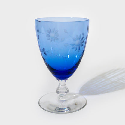 Cobalt Blue Etched Glass Goblet