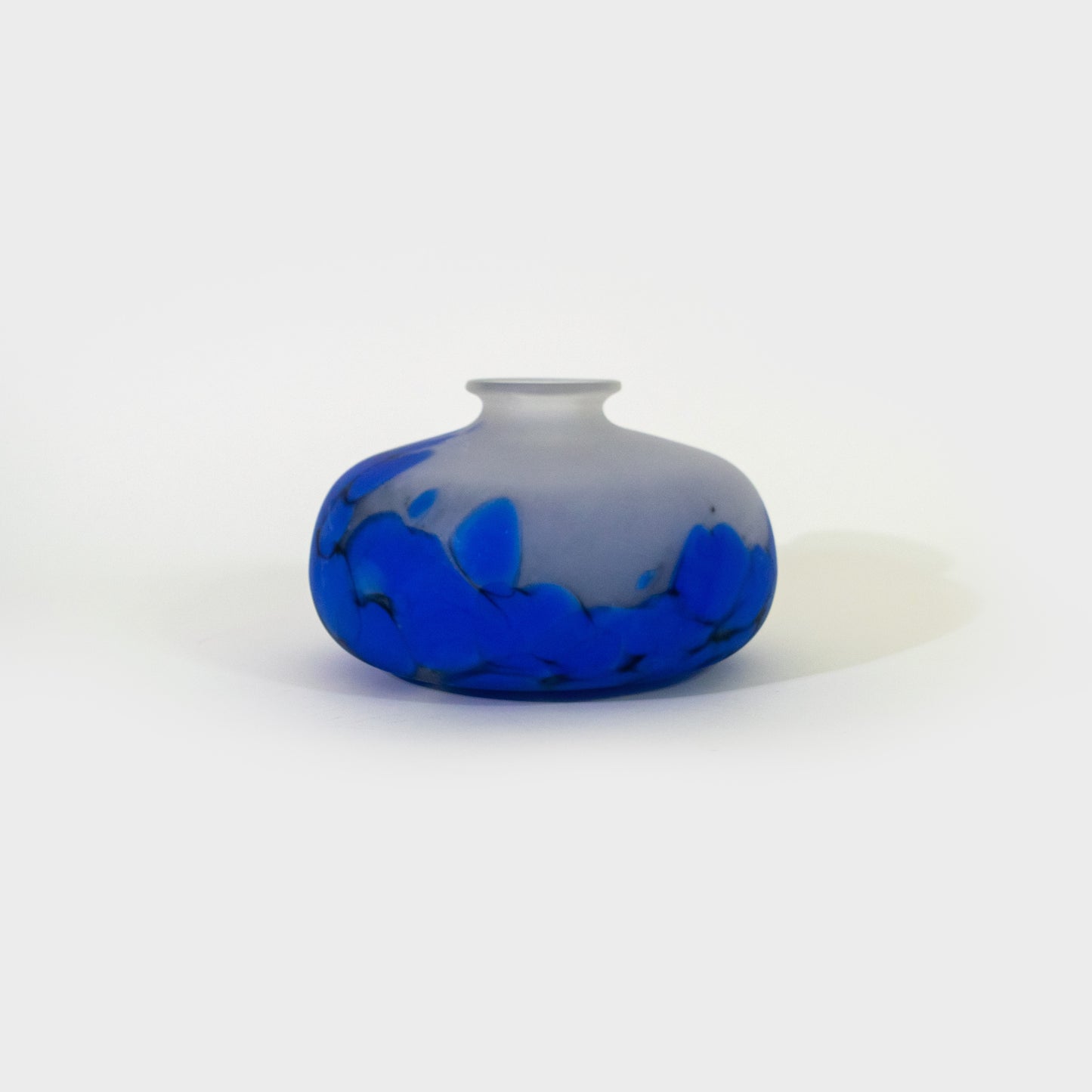 Wide Blue Frosted Polish Art Glass Vase