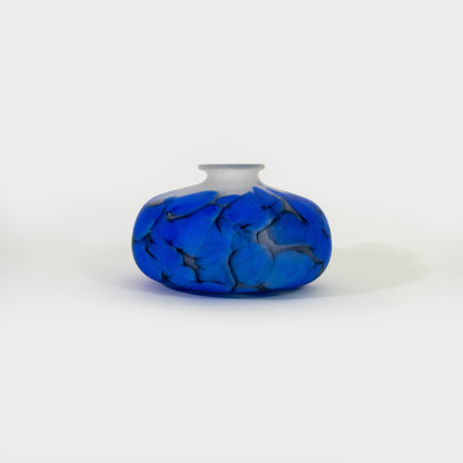 Wide Blue Frosted Polish Art Glass Vase