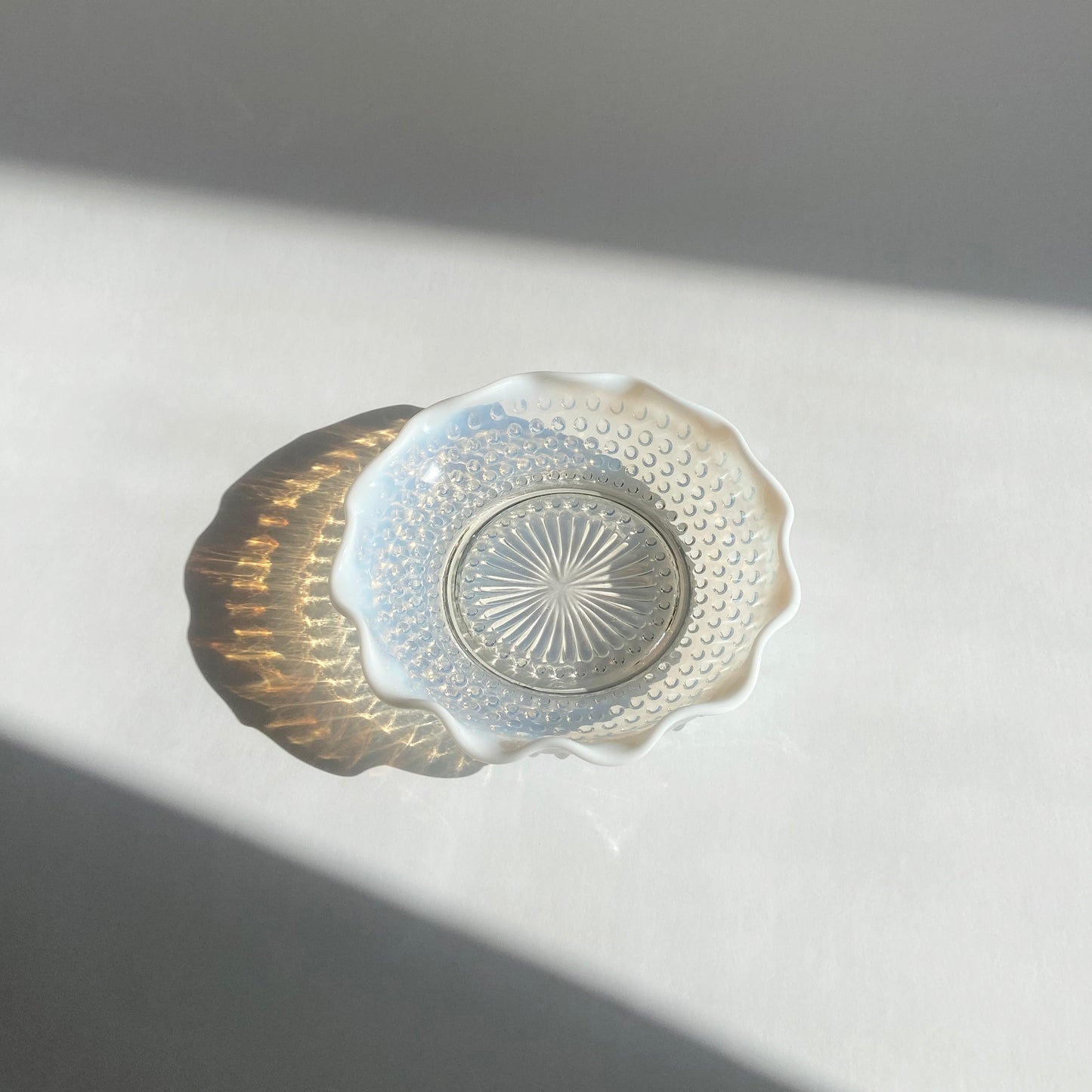 Opalescent Hobnail Glass Scalloped Edge Dish